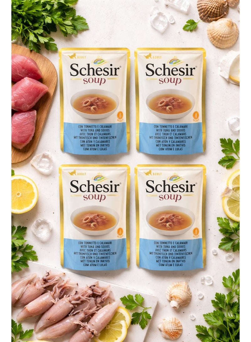 طبيعي للقطط - عبوة من 4 قطع  - شوربة التونة البرية مع الكاليماري (الحبار) - مكونات طبيعية 100% - 340 جم (4 أظرف × 85 جم)