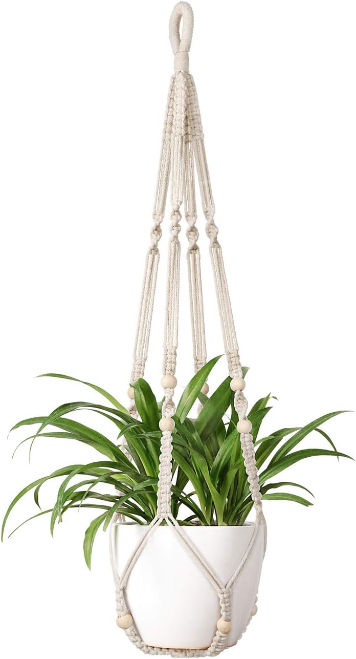 Mkono Macrame Plant Hanger Indoor Hanging Planter Basket with Wood Beads Decorative Flower Pot Holder No Tassels for Indoor Outdoor Boho Home Decor 35 Inch, Ivory, Set of 1 (POTS NOT Included) - Image 1