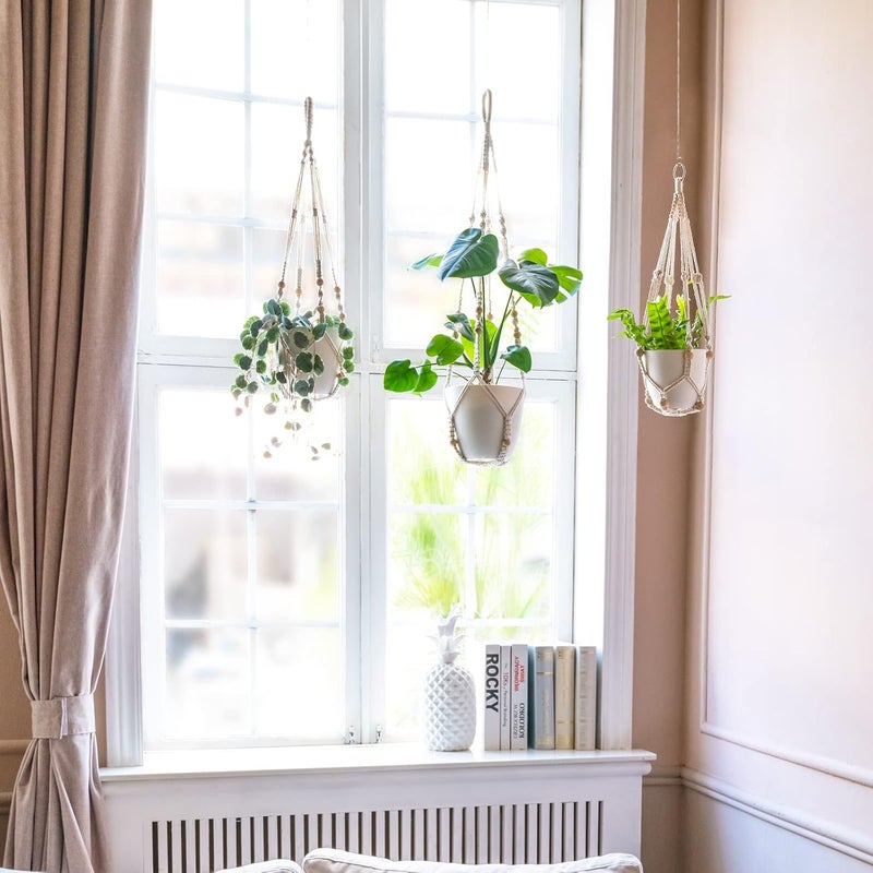 Mkono Macrame Plant Hanger Indoor Hanging Planter Basket with Wood Beads Decorative Flower Pot Holder No Tassels for Indoor Outdoor Boho Home Decor 35 Inch, Ivory, Set of 1 (POTS NOT Included) - Image 4