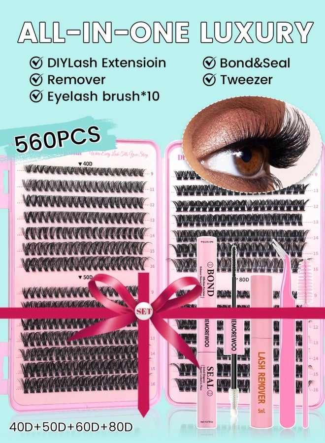 رموش جيمورو لتقوم بها بنفسك لاش تمديد عدة ، 560 قطعة العنقودية جلدة 40 د 50 د 60 د 80 د ، 9-16 مللي متر مع السندات وختم ، لاش مزيل ، الملقط و 10 فرش ، في المنزل صالون نمط رمش ملحقات - Image 1