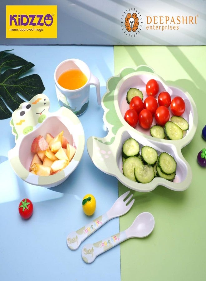 Deepashri™ Baby Dinosaur Shape Bamboo Fibre Dinner Set for Kids - Tableware Set Plate Bowl Cup Fork and Spoon/Feeding Utensils for Kids and Toddlers Eco-Friendly & Biodegradable | Set of 5 - Image 2