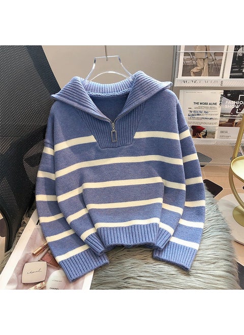 2024 Lazy Stripe Zip Knit Sweater Blue