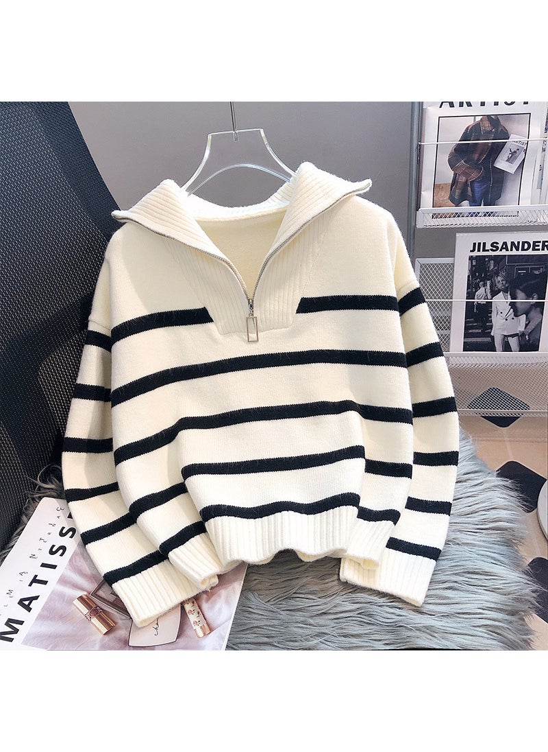 Generic - 2024 Lazy Stripe Zip Knit Sweater Blue - Image 1
