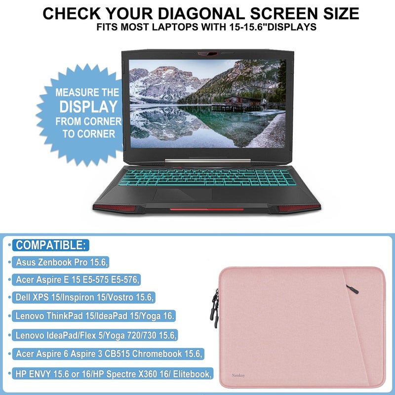Naukay Laptop Sleeve Case, Shockproof Protective Computer Sleeve Cover with Accessories Pocket, Water Resistant Traveling Carrying Laptop Bag Compatible for 15.6 inch MacBook Dell HP Acer Lenovo, Pink - Image 4