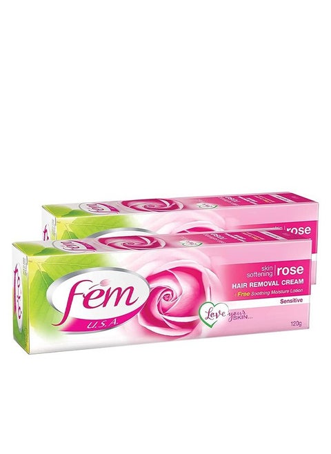 FEM USA Hair Removal Cream with Rose | For Softening Skin - 120g (Pack of 2) With pH Balancing Skin Care Lotion