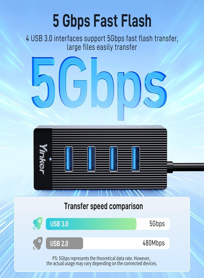 Yinker 4 Port USB 3.0 Hub 10FT Long Cable with 5 Gbps & 5V USB-C Power Supply for Laptop Desktop PC - USB Hub Splitter Extender Expander Compatible with Mac, Windows - Image 3