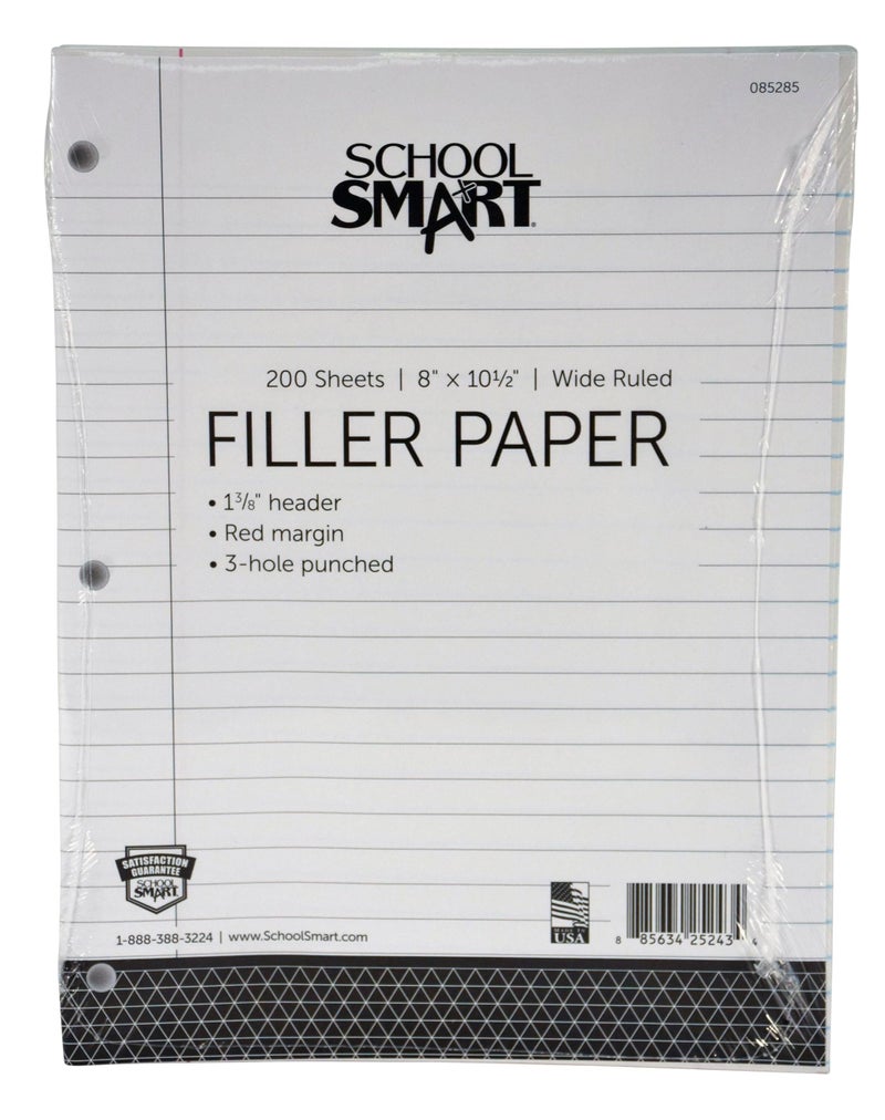 School Smart مدرسة سمارت - 85285 ورق تعبئة مثقوب بـ 3 ثقوب مع هامش أحمر، 8 × 10-1/2 بوصة، مسطرة عريضة، 200 ورقة، أبيض - Image 1