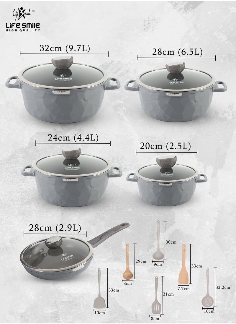 Life Smile Nonstick Cookware Set 16 pcs -Induction Base Aluminum Cookwares -Granite Coated Cooking Pots & Pan Set Includes 20cm -(2.5L)Casserole with Lid, 24cm (4.4L)Casserole with Lid, 28cm(6.5L) Casserole with Lid, 32cm(9.7L) Casserole with Lid ,28cm (2.9L)Fry pan with Lid & 3pcs Nylon/3pcs Wooden Spoon Set-100% PFOA Free Cooking Set  - Image 3