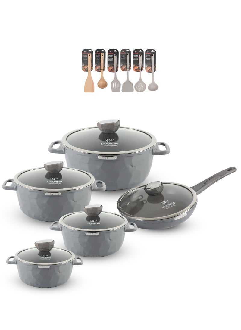 Life Smile Nonstick Cookware Set 16 pcs -Induction Base Aluminum Cookwares -Granite Coated Cooking Pots & Pan Set Includes 20cm -(2.5L)Casserole with Lid, 24cm (4.4L)Casserole with Lid, 28cm(6.5L) Casserole with Lid, 32cm(9.7L) Casserole with Lid ,28cm (2.9L)Fry pan with Lid & 3pcs Nylon/3pcs Wooden Spoon Set-100% PFOA Free Cooking Set  - Image 1