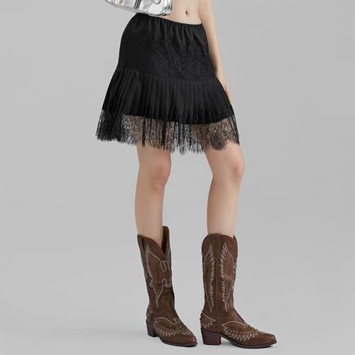 Passec Women Y2K Black White Lace Mini Skirt Low Rise Half Slip Underskirt Ruffle Pleated Layered Flowy Short Skirts (Small, A Black) - Image 5