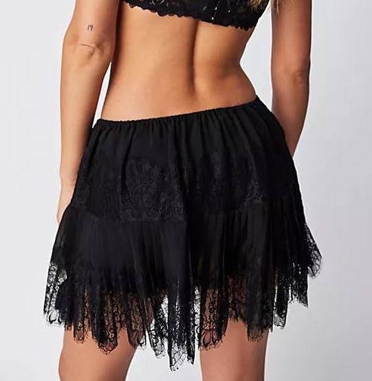 Passec Women Y2K Black White Lace Mini Skirt Low Rise Half Slip Underskirt Ruffle Pleated Layered Flowy Short Skirts (Small, A Black) - Image 3