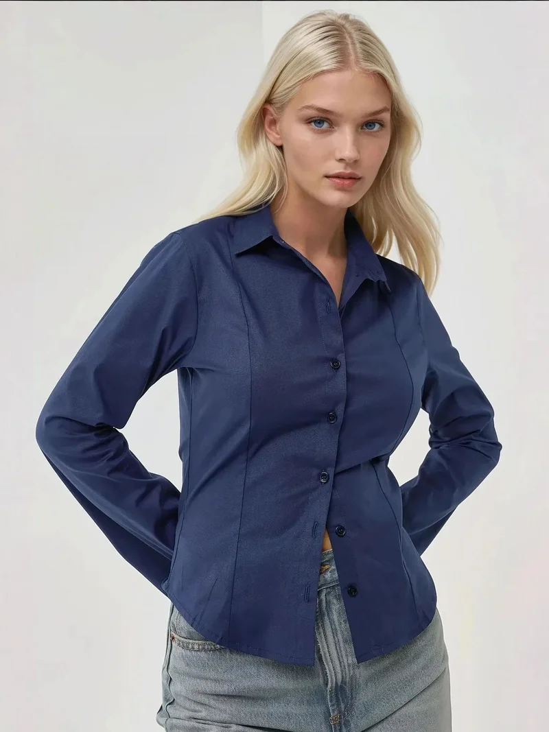 HICCUP Navy Blue Fitted Long Sleeve Shirt for Women | Best Price UAE
