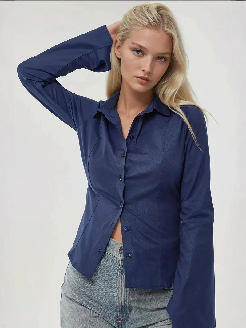 HICCUP Navy Blue Fitted Long Sleeve Shirt for Women | Best Price UAE