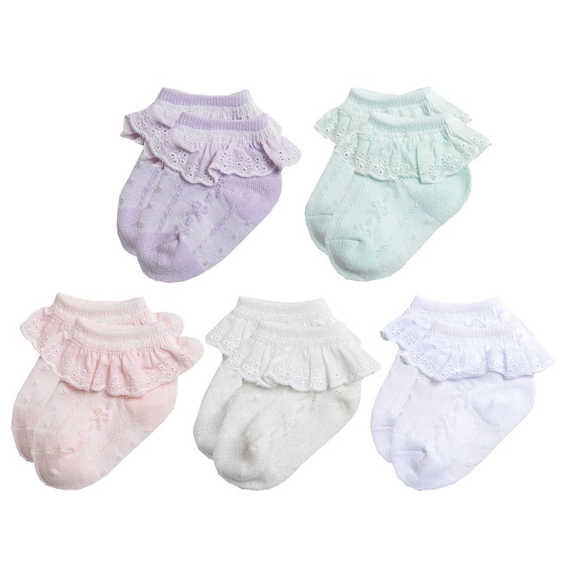 EPEIUS 5 Pair Pack Baby-Girls Eyelet Frilly Lace Socks Infant Girl Princess Ankle Socks for 3-6 Months,Bow Pattern,White/Ivory/Pink/Purple/Green,Shoe Size 1-3 - Image 2