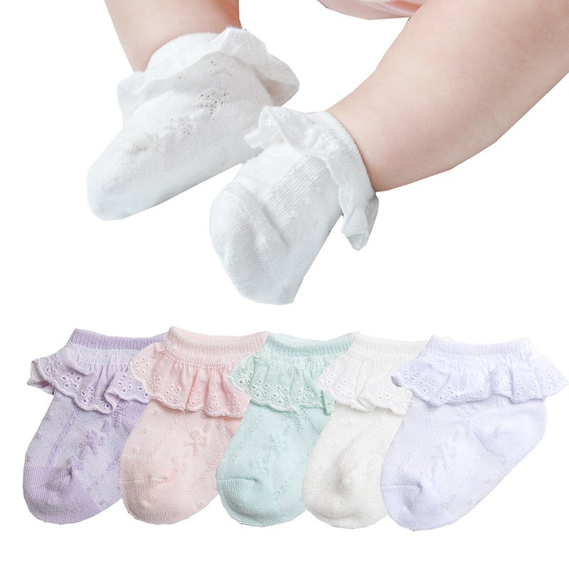 EPEIUS 5 Pair Pack Baby-Girls Eyelet Frilly Lace Socks Infant Girl Princess Ankle Socks for 3-6 Months,Bow Pattern,White/Ivory/Pink/Purple/Green,Shoe Size 1-3 - Image 1