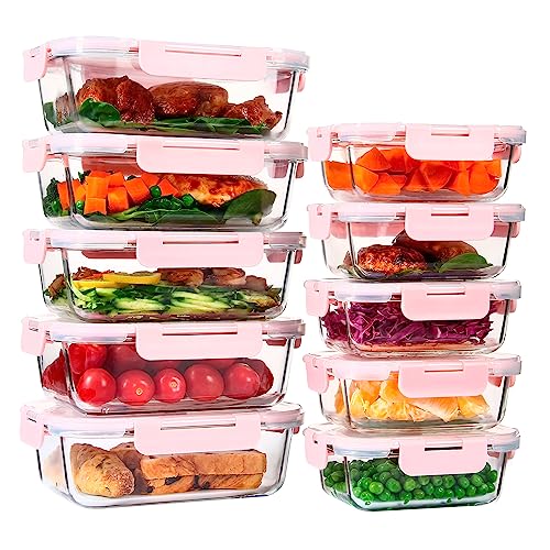 UMEIED 10 PACK Glass Food Storage Containers with Leak Proof Lids, Glass Airtight Meal Prep Containers Set for Lunch, On the Go, Leftover, Kitchen Pantry Organizers and Storage (Pink) - Image 1
