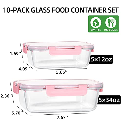 UMEIED 10 PACK Glass Food Storage Containers with Leak Proof Lids, Glass Airtight Meal Prep Containers Set for Lunch, On the Go, Leftover, Kitchen Pantry Organizers and Storage (Pink) - Image 2