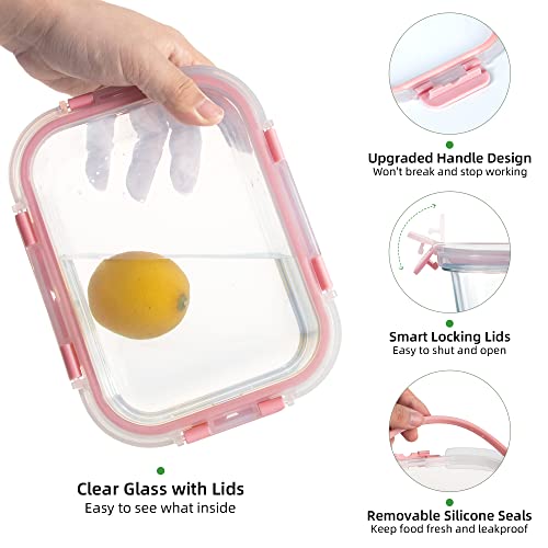 UMEIED 10 PACK Glass Food Storage Containers with Leak Proof Lids, Glass Airtight Meal Prep Containers Set for Lunch, On the Go, Leftover, Kitchen Pantry Organizers and Storage (Pink) - Image 3