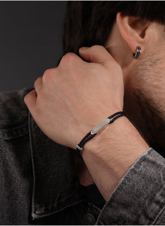 بوليس POLICE Twincord Bracelet - Double Row Black Leather with Stainless Steel Rings & Central Screwed Plaque - Rugged & Sophisticated Men's Style  - Image 4