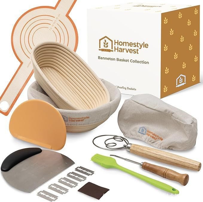 Rattan Banneton Proofing Basket Set with Scraper, Dough Whisk, Bread Lame, Brush - Bread Making Tool Kit