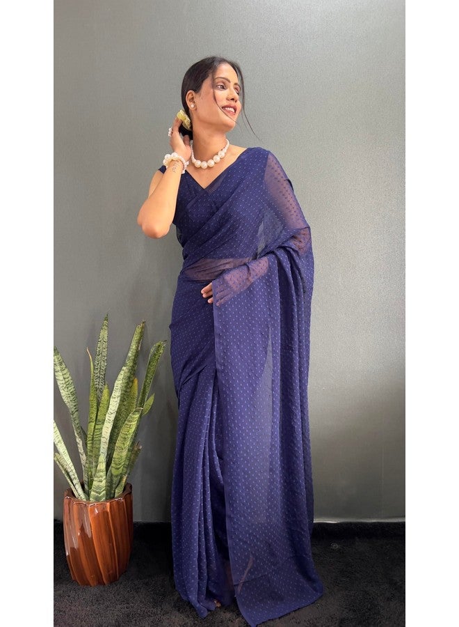 Women's Plain Butty Georgette Ready To Wear One Minute Saree With Unstitched Blouse Piece (B-RTW Yodha Navy Blue_Navy Blue_Free Size)  - Image 5