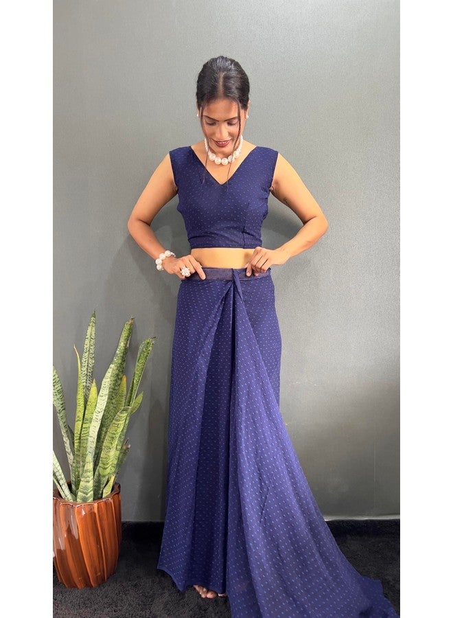 Women's Plain Butty Georgette Ready To Wear One Minute Saree With Unstitched Blouse Piece (B-RTW Yodha Navy Blue_Navy Blue_Free Size)  - Image 4