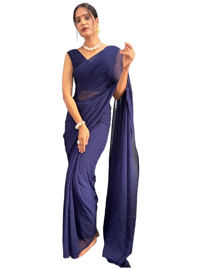 Women's Plain Butty Georgette Ready To Wear One Minute Saree With Unstitched Blouse Piece (B-RTW Yodha Navy Blue_Navy Blue_Free Size)  - Image 1