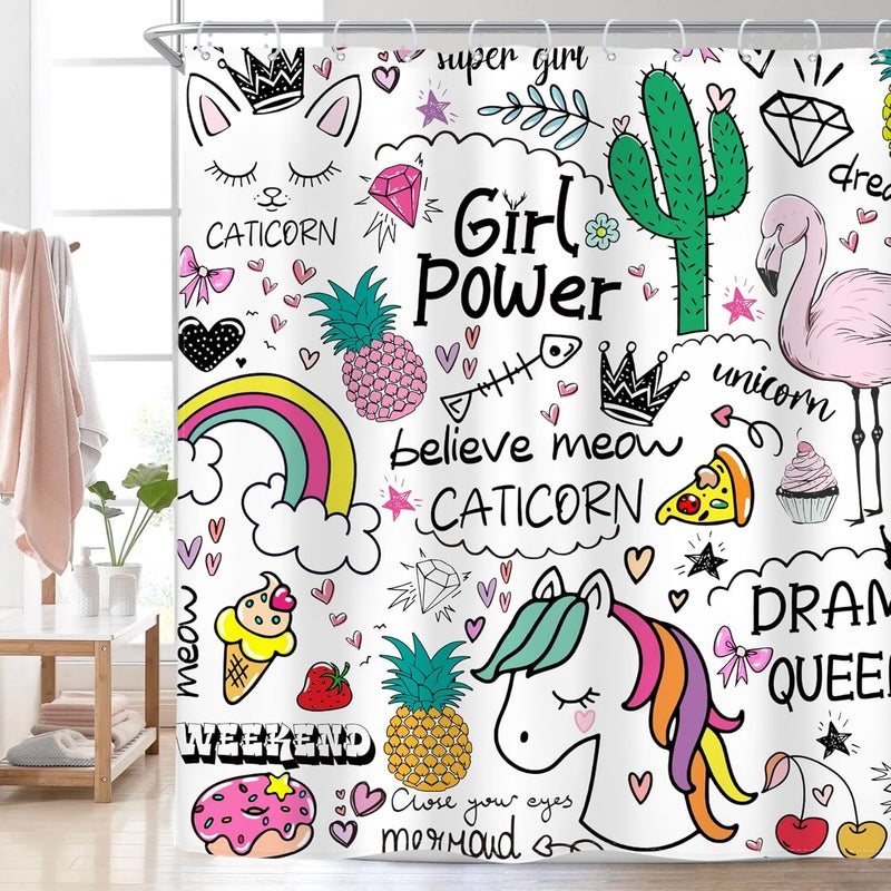 Riyidecor Riyidecor Kids Shower Curtain 72Wx72H Inch Girls Rainbow Shower Curtains Colorful Cute Flamingo Pineapple Cactus for Bathroom Decoration Set Waterproof Polyester Fabric with 12 Hooks - Image 1