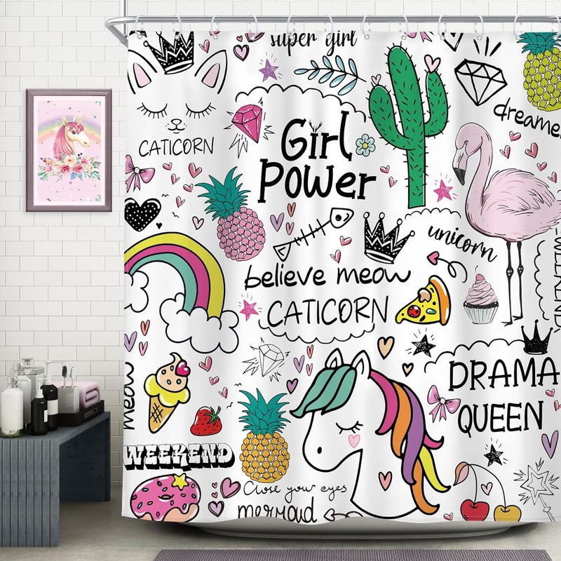 Riyidecor Riyidecor Kids Shower Curtain 72Wx72H Inch Girls Rainbow Shower Curtains Colorful Cute Flamingo Pineapple Cactus for Bathroom Decoration Set Waterproof Polyester Fabric with 12 Hooks - Image 3