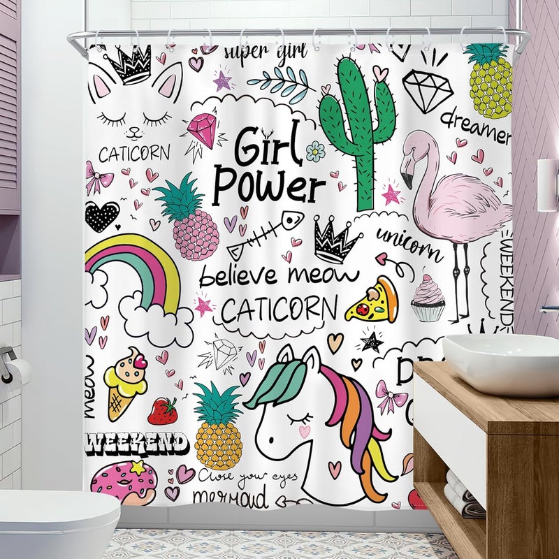 Riyidecor Riyidecor Kids Shower Curtain 72Wx72H Inch Girls Rainbow Shower Curtains Colorful Cute Flamingo Pineapple Cactus for Bathroom Decoration Set Waterproof Polyester Fabric with 12 Hooks - Image 4