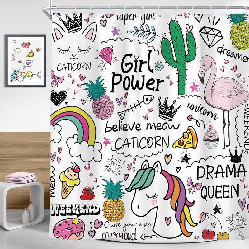 Riyidecor Riyidecor Kids Shower Curtain 72Wx72H Inch Girls Rainbow Shower Curtains Colorful Cute Flamingo Pineapple Cactus for Bathroom Decoration Set Waterproof Polyester Fabric with 12 Hooks - Image 2