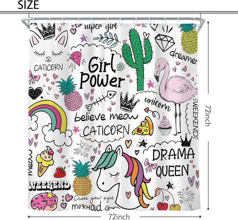 Riyidecor Riyidecor Kids Shower Curtain 72Wx72H Inch Girls Rainbow Shower Curtains Colorful Cute Flamingo Pineapple Cactus for Bathroom Decoration Set Waterproof Polyester Fabric with 12 Hooks - Image 5