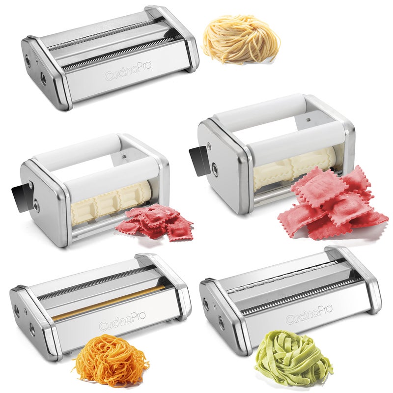 CucinaPro Ultimate Pasta Machine Attachment Set Includes 5 Different Cutters for Homemade Spaghetti Fettucini Ravioli Angel Hair Compatible w CucinaPro other Makers Pasta Cooking Made Easy Holiday Gift
