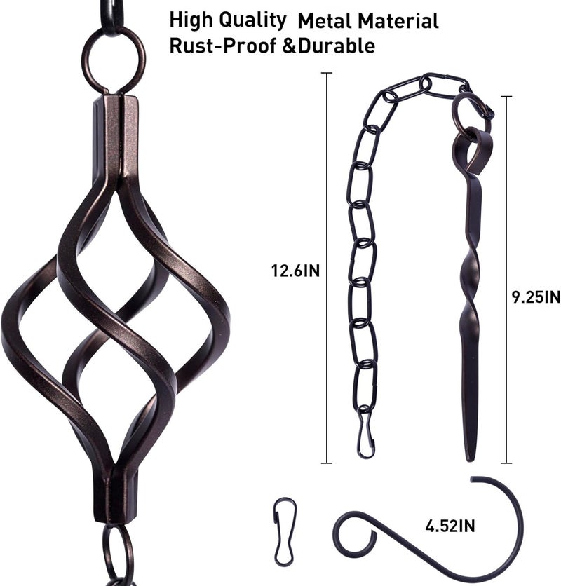 Aseneat Rain Chain Bird Cage Set 8.5Ft, Not Rust Wrought Iron Rain Chains for Gutters with Adapter Gotta Drain and Sturdy Anchoring Stake,13 Cups, 1 Hook, Adjustable Length for Garden Decorative (Coffee) - Image 4
