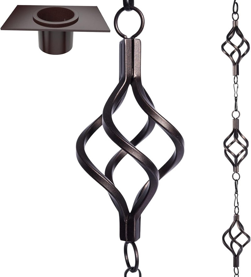 Aseneat Rain Chain Bird Cage Set 8.5Ft, Not Rust Wrought Iron Rain Chains for Gutters with Adapter Gotta Drain and Sturdy Anchoring Stake,13 Cups, 1 Hook, Adjustable Length for Garden Decorative (Coffee) - Image 1