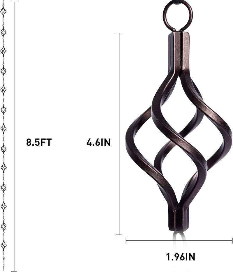 Aseneat Rain Chain Bird Cage Set 8.5Ft, Not Rust Wrought Iron Rain Chains for Gutters with Adapter Gotta Drain and Sturdy Anchoring Stake,13 Cups, 1 Hook, Adjustable Length for Garden Decorative (Coffee) - Image 2