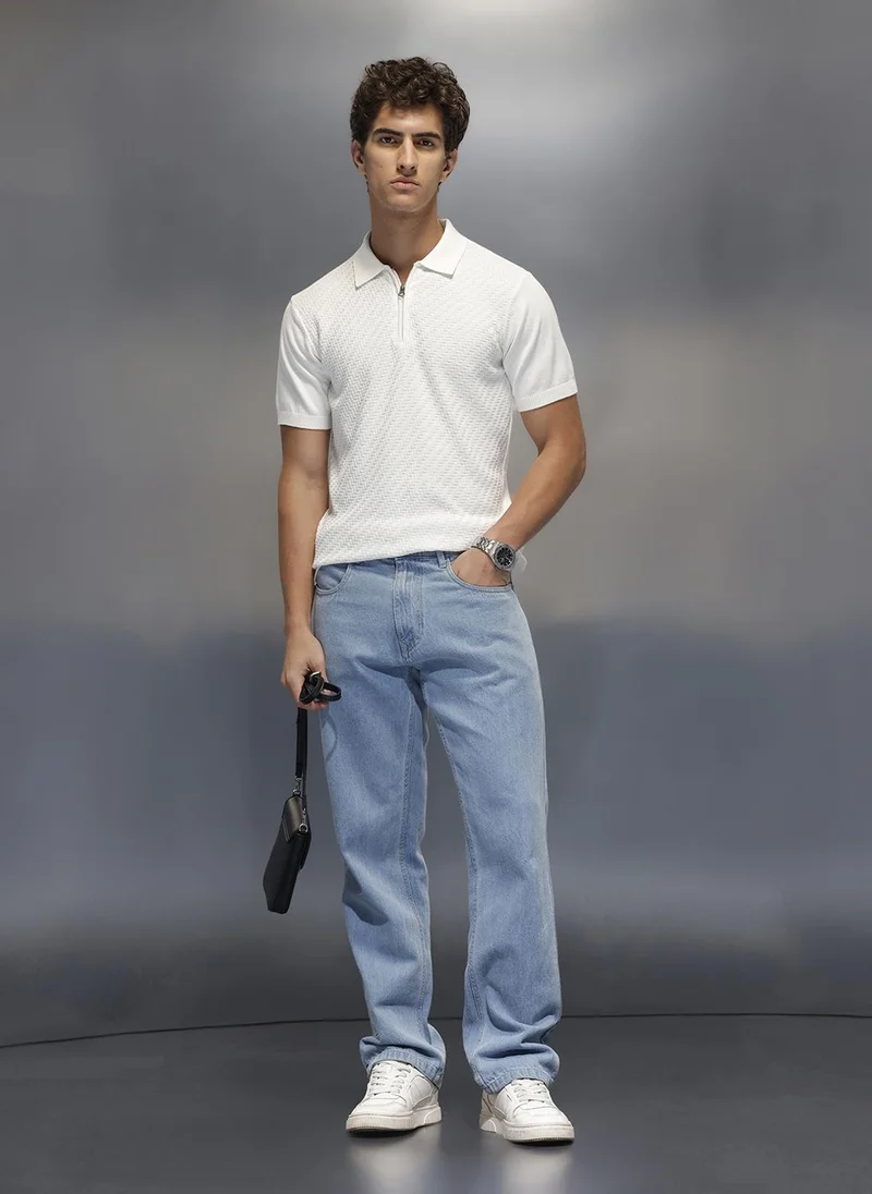 روجن Men's Textured Zip- Up Polo T-Shirt  |  White