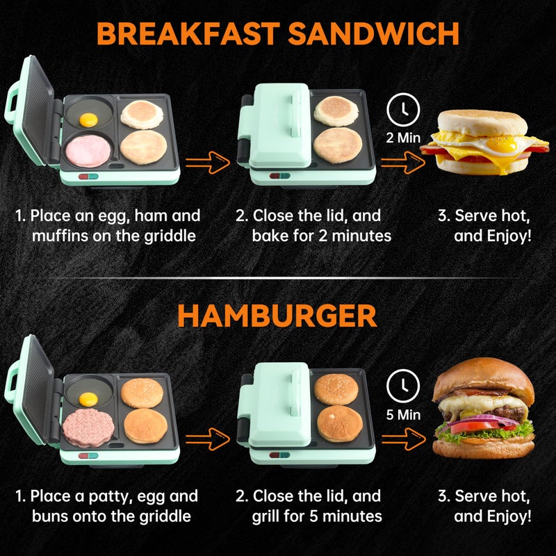 Baker's Friend Breakfast Sandwich Maker, Nonstick Electric Griddle & Grill Combo, 3 in 1 Breakfast Station, Make Egg Muffin Sandwiches Burgers Hot dogs & Pancakes, Includes Burger Press, Tong & Brush - Image 2