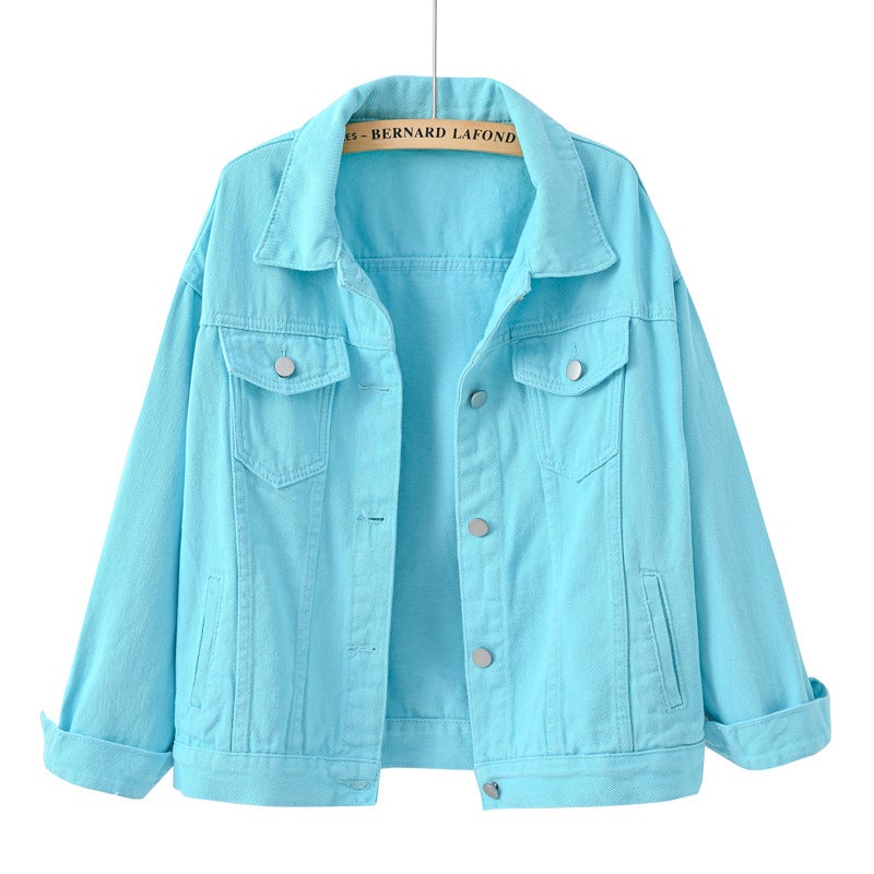 Spring Fall Colorful Plus-Size Denim Jacket Womens Loose Fit Casual BF Style Sky Blue 