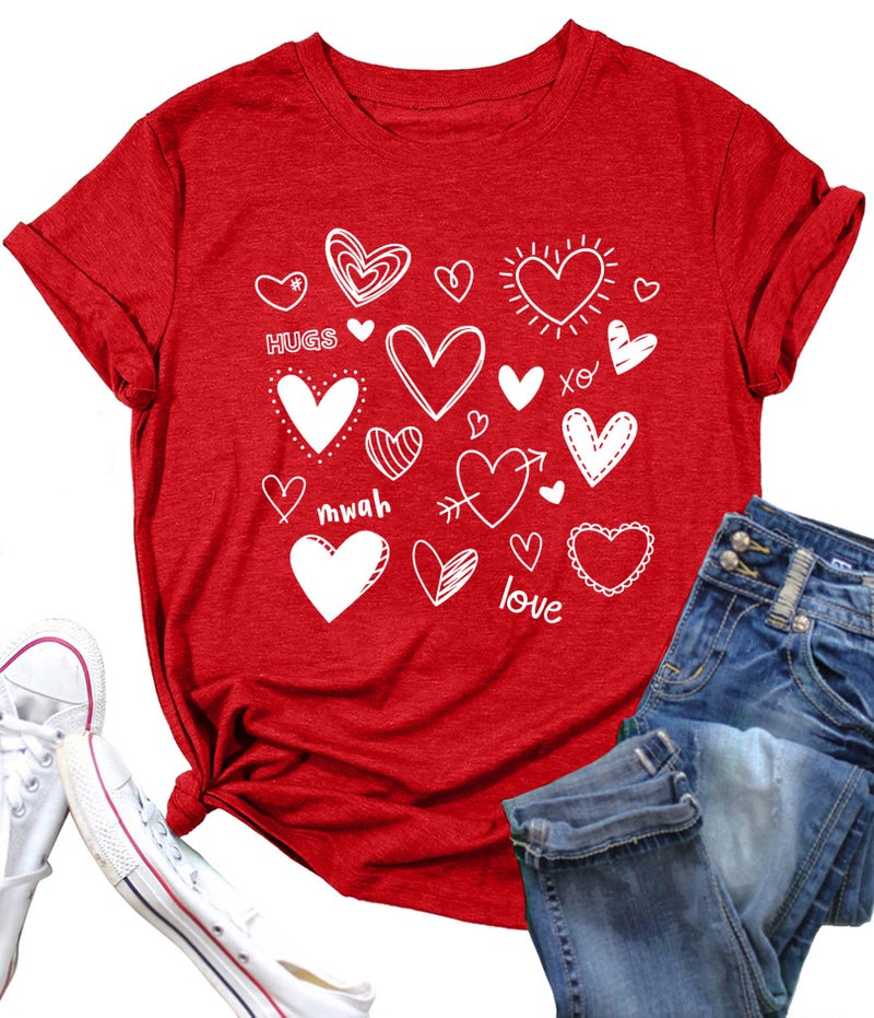 PECHAR Valentines Day Shirt for Women Cute Love Heart Tshirts Graphic Valentine Gift Tee Casual Hearts Tops A Red - Image 1
