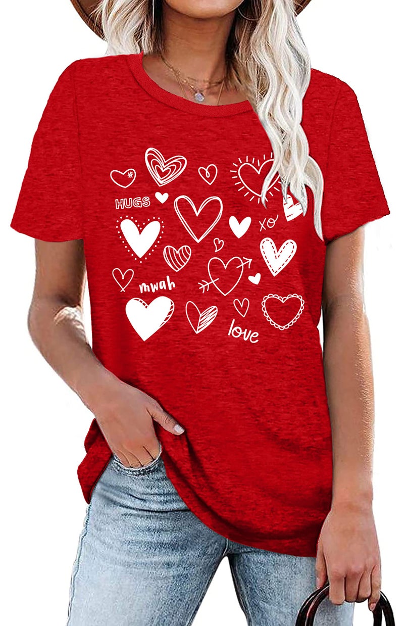 PECHAR Valentines Day Shirt for Women Cute Love Heart Tshirts Graphic Valentine Gift Tee Casual Hearts Tops A Red - Image 2
