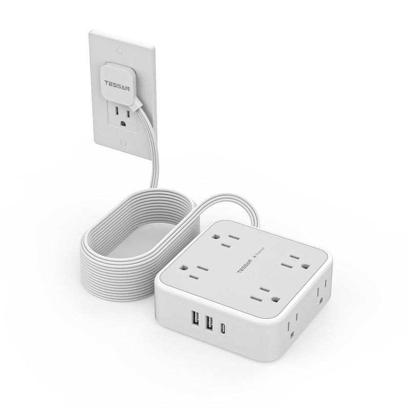 TESSAN Flat Plug 20 FT Long Extension Cord, TESSAN Ultra Thin Power Strip Surge Protector with 8 AC Outlets, 900J, 3 USB Charger(1 USB C), Multi Port Charging Station for Home, Office, Dorm Room Essentials - Image 1