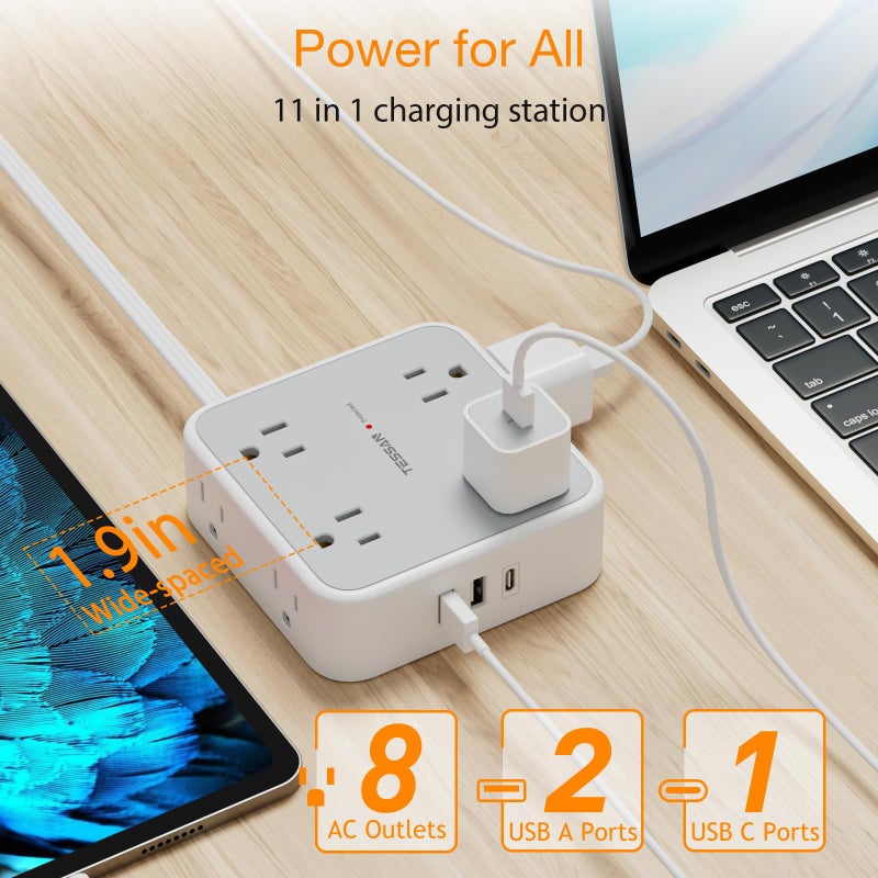 TESSAN Flat Plug 20 FT Long Extension Cord, TESSAN Ultra Thin Power Strip Surge Protector with 8 AC Outlets, 900J, 3 USB Charger(1 USB C), Multi Port Charging Station for Home, Office, Dorm Room Essentials - Image 4