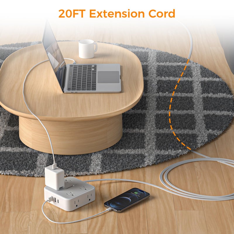 TESSAN Flat Plug 20 FT Long Extension Cord, TESSAN Ultra Thin Power Strip Surge Protector with 8 AC Outlets, 900J, 3 USB Charger(1 USB C), Multi Port Charging Station for Home, Office, Dorm Room Essentials - Image 2