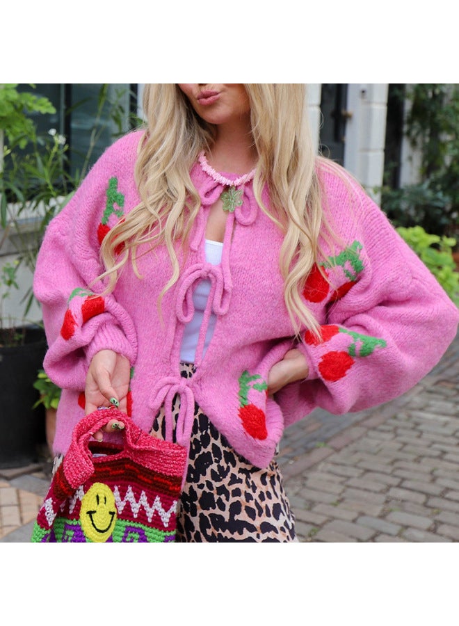 Women's Clothing Cute Style Lace-up Knitwear Jacket Women's Cherry Embroidered Cardigan Sweater Women