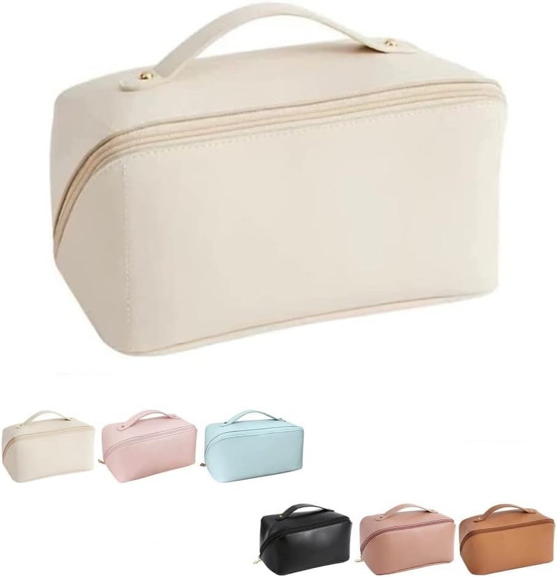 Large Capacity Travel Cosmetic Bag Waterproof Multilayer Leather Toiletry Organiser Blue White - Image 1