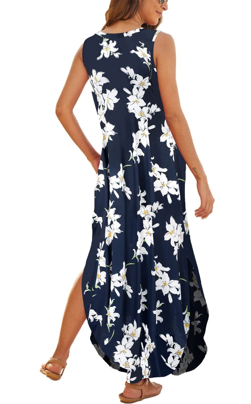 Hount Women's Casual Summer Sleeveless Dress Loose Split Maxi Dresses with Pockets (F-Navy White, X-Large) - Image 3
