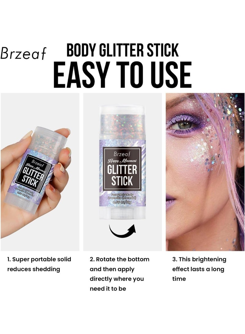 Brzeaf Waterproof Mermaid Glitter Stick, Shimmery& Long Lasting, Christmas Hair Eyeshadow Face Body Glitter, Singer Concert Music Rave Festival, Glitter Stick Makeup & Face Glitter Gel for Women Men - Image 3