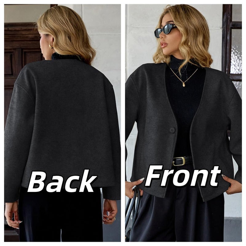 HOTIAN Women Cropped Wool Blend Coats Long Sleeve Coat Jacket Peacoat Fall Winter Outwear Overcoat(DarkGray,M) - Image 2