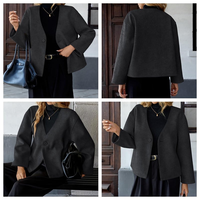 HOTIAN Women Cropped Wool Blend Coats Long Sleeve Coat Jacket Peacoat Fall Winter Outwear Overcoat(DarkGray,M) - Image 4